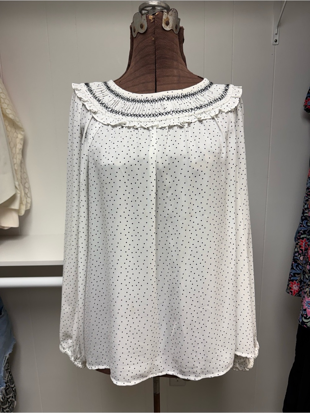LOFT Polka Dot Blouse Smocked Ruffle Neck Size XL